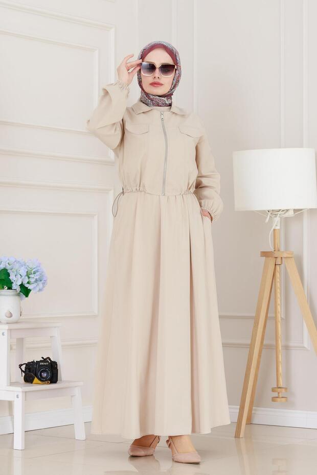 Pocket Detailed Zippered Dress Set-Beige