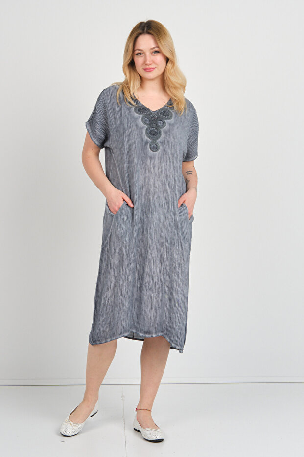 Women's Shoulder Detailed Double Pocket Self Patterned Dress 19E074 Indigo