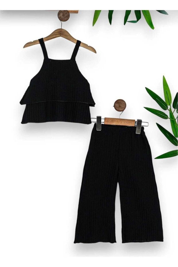 Girls' Strappy Set Ruffle Strap Blouse- Wide Leg Pants Set Ruffle Strap Girls' Set