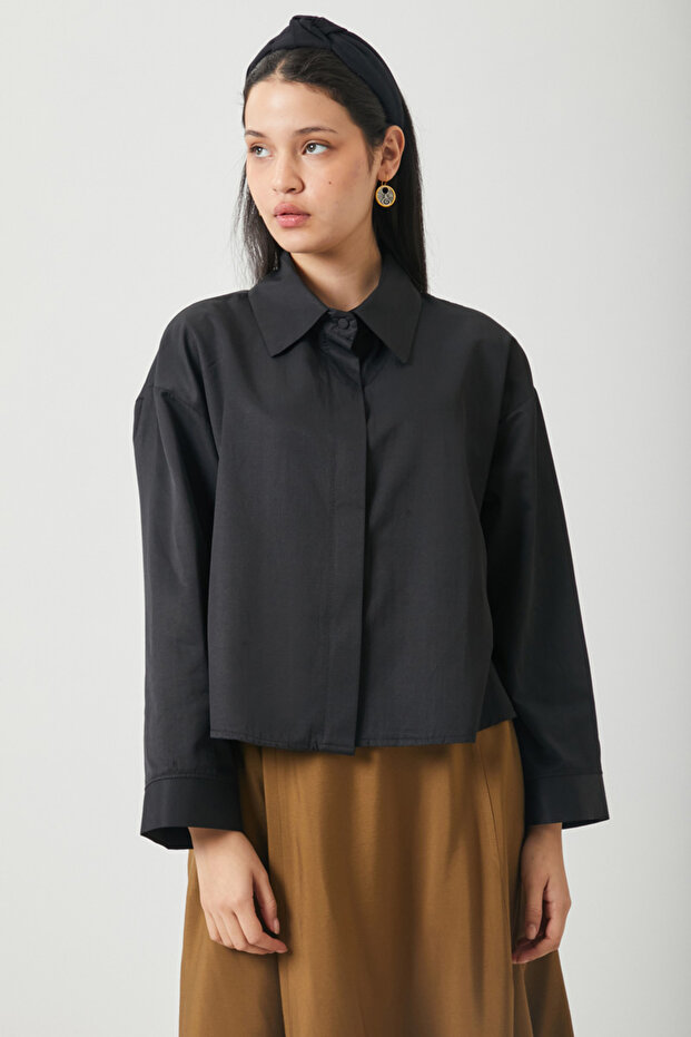 Oversize Kısa Gömlek Siyah - 1