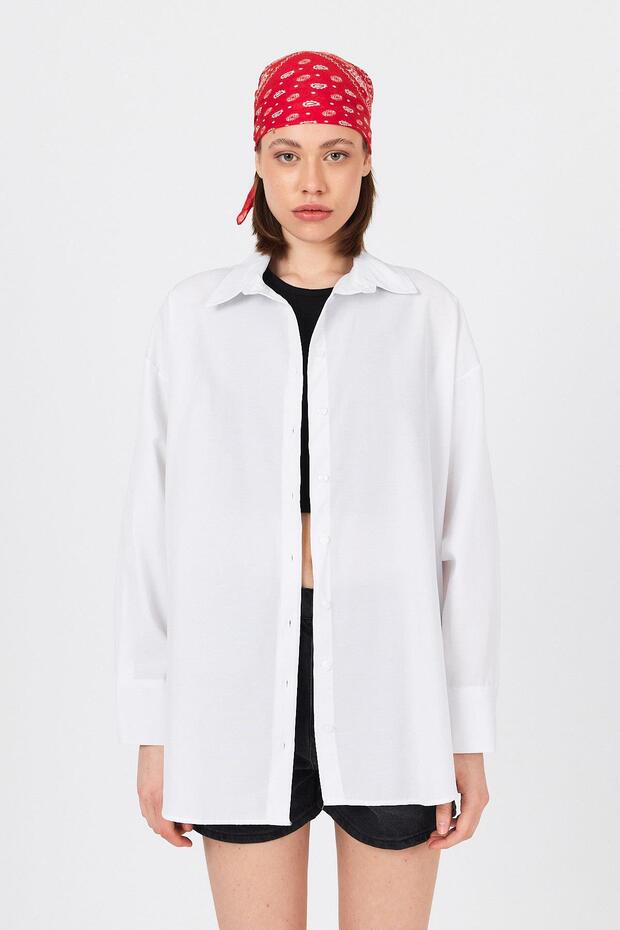 White Oversize Basic Long Shirt 4664A - 3