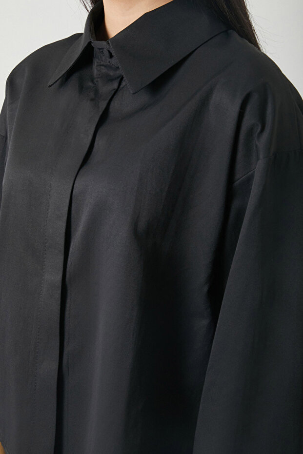 Oversize Kısa Gömlek Siyah - 5