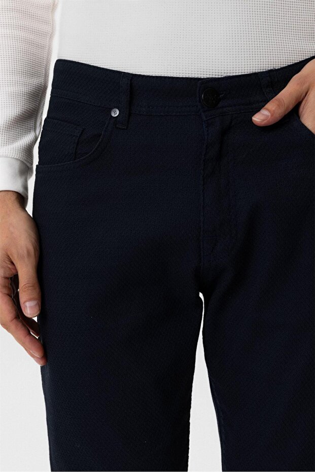 Lacivert Regular Armürlü Kanvas Pantolon - 4