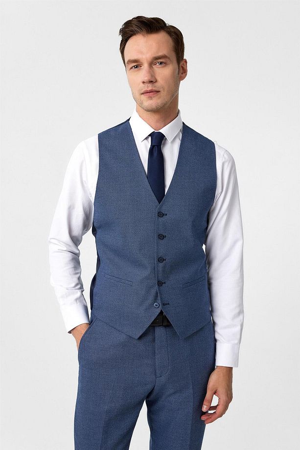 Parlament Mavi Slim Fit Desenli Mono Yaka 6 Drop Yelekli Klasik Takım Elbise - 6