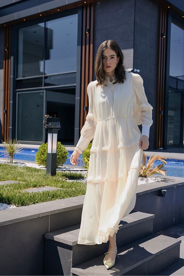 Rebecca İpek Elbise- KREM - 7