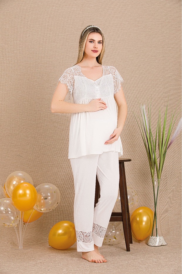 Button Collar Short Sleeve Lace Detailed Maternity-Pregnant Pajama Set