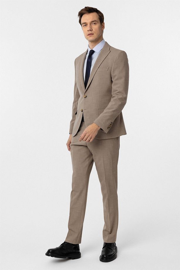 Sütlü Kahve Slim Fit Desenli Sivri Yaka 6 Drop Klasik Takım Elbise - 4
