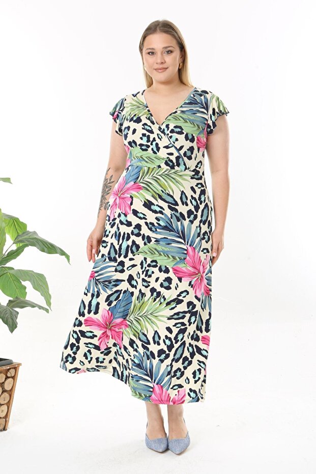 Women's Pink Blue Tropical Leopard Print Ruffle Sleeve Double Breasted Collar Plus Size Maxi Dress