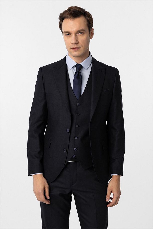 Lacivert Slim Fit Desenli Sivri Yaka 6 Drop Yelekli Klasik Takım Elbise - 4