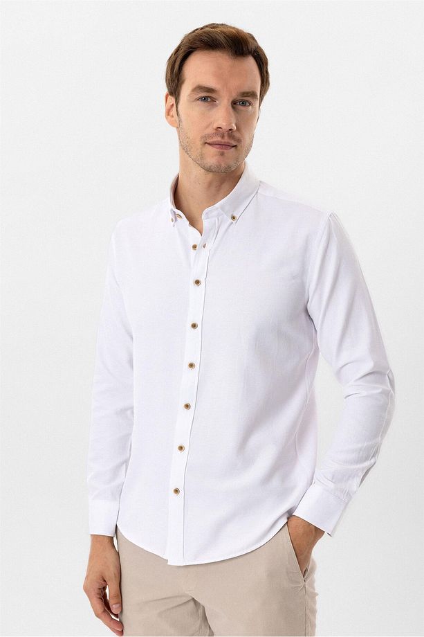 Beyaz Slim Fit Düz Düğmeli Yaka Gömlek - 1