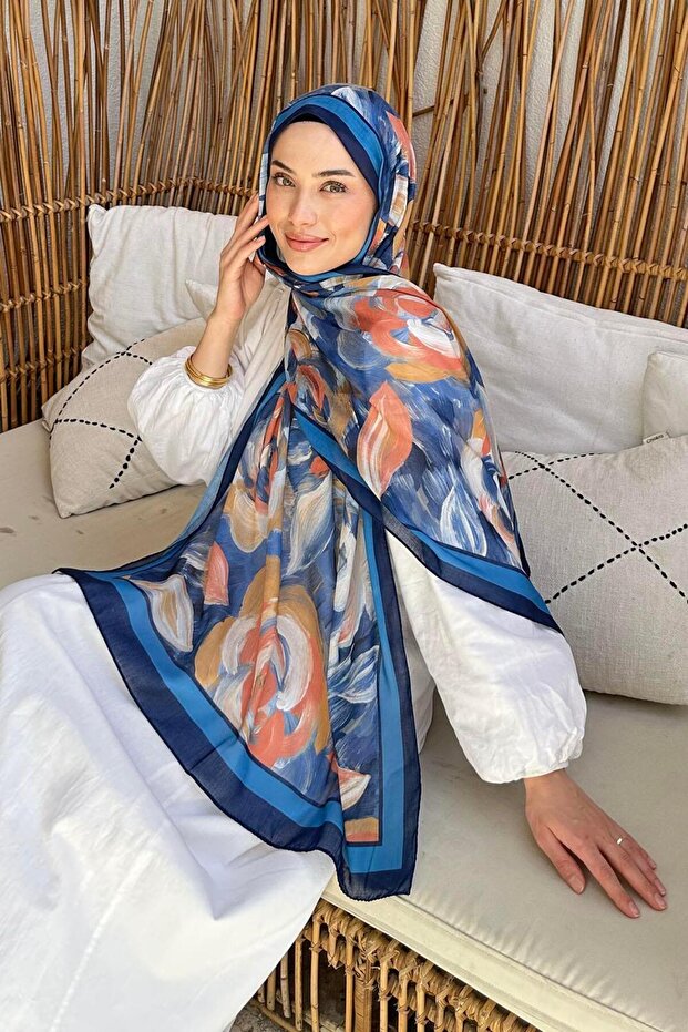 Flower Pattern Cotton Shawl Navy Blue