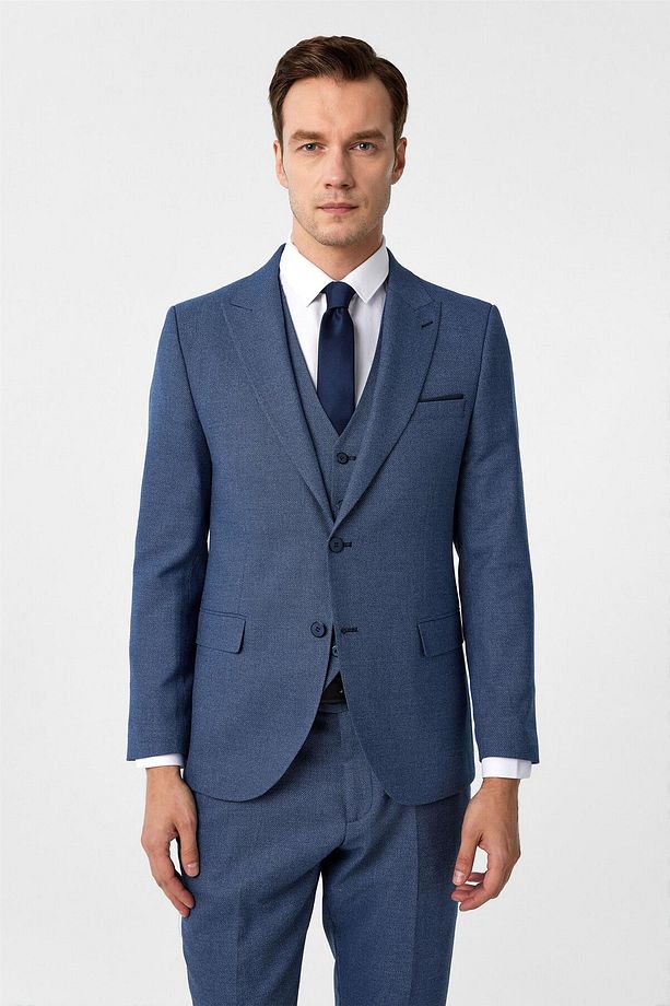 Parlament Mavi Slim Fit Desenli Mono Yaka 6 Drop Yelekli Klasik Takım Elbise - 2