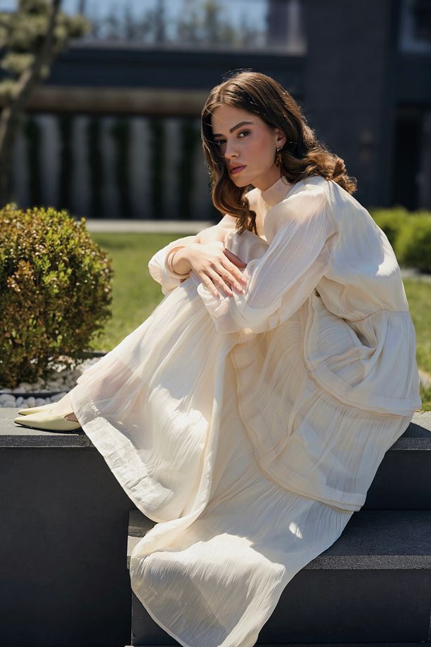 Rebecca İpek Elbise- KREM - 3