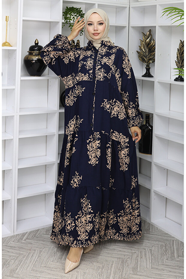 Viscose Fabric Half Button Dress 2044-01 Navy Blue