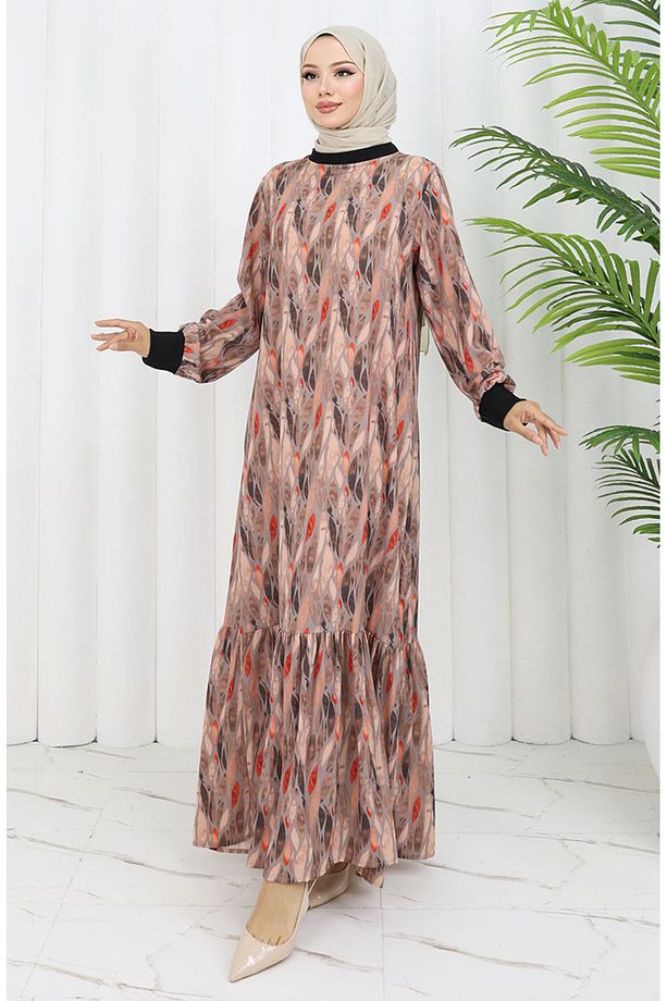 Şifon Kumaş Yaprak Desenli Elbise 0054-04 Vizon - 2