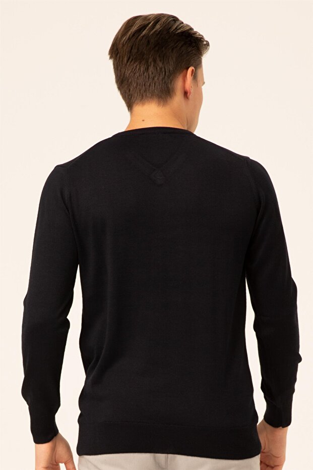 Lacivert Regular Düz V Yaka Triko - 3