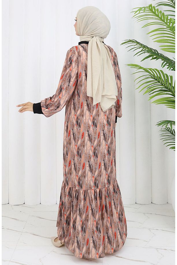 Şifon Kumaş Yaprak Desenli Elbise 0054-04 Vizon - 5
