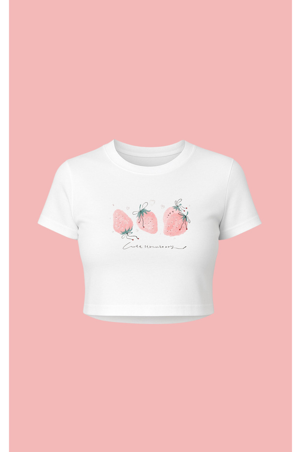White Strawberry Strawberry Vintage Printed Pinterest Style Crop Tshirt