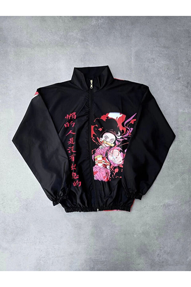 Women's Zippered Digital Print Pack Windbreaker - Black