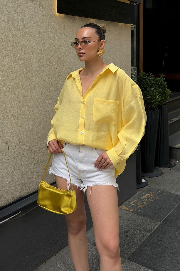Sarı Due Oversize Modal A Pile Tek Cepli Kadın Gömlek - 4