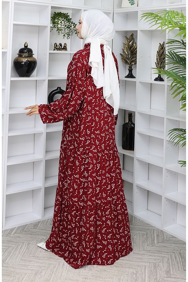 Viskon Kumaş Desenli Elbise 2048-04 Bordo - 5