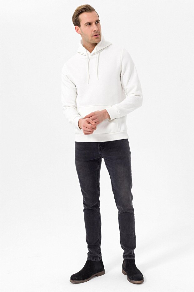 Beyaz Regular Düz Kapüşonlu Yaka Sweatshirt - 5