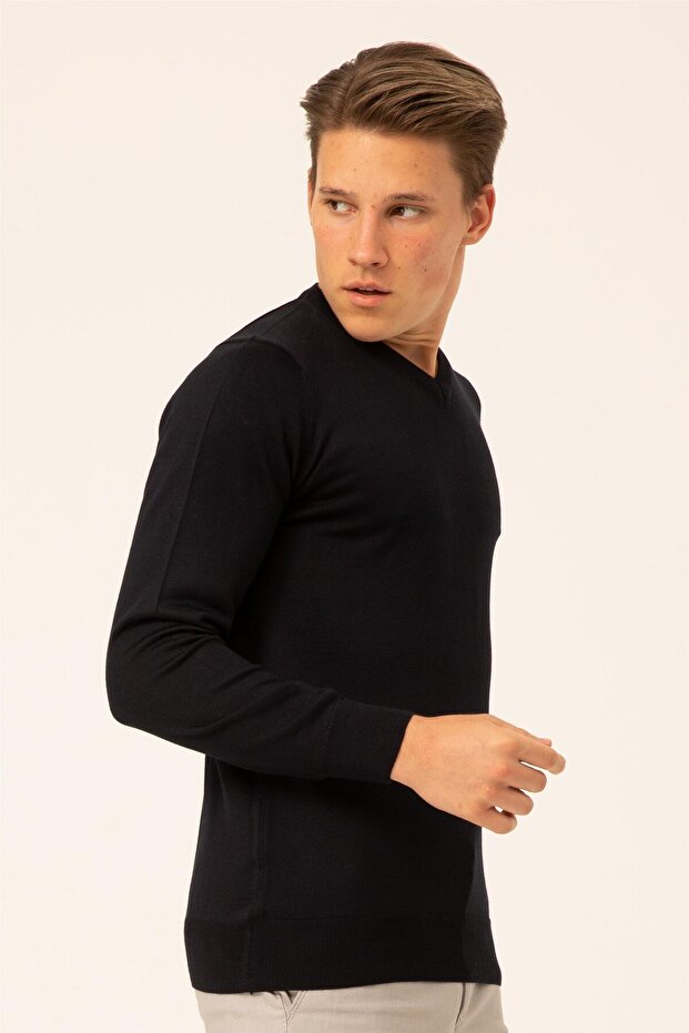 Lacivert Regular Düz V Yaka Triko - 5