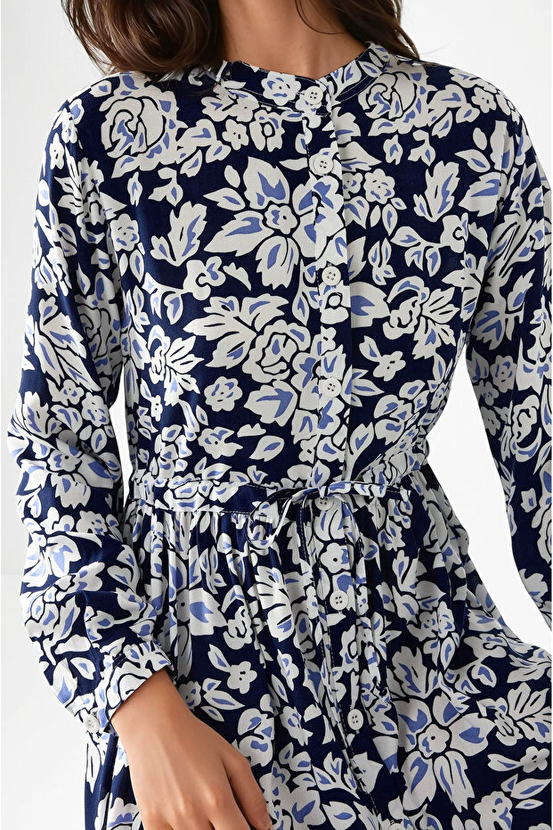 Gömlek Yaka Desenli Viskon Modest Elbise - 3