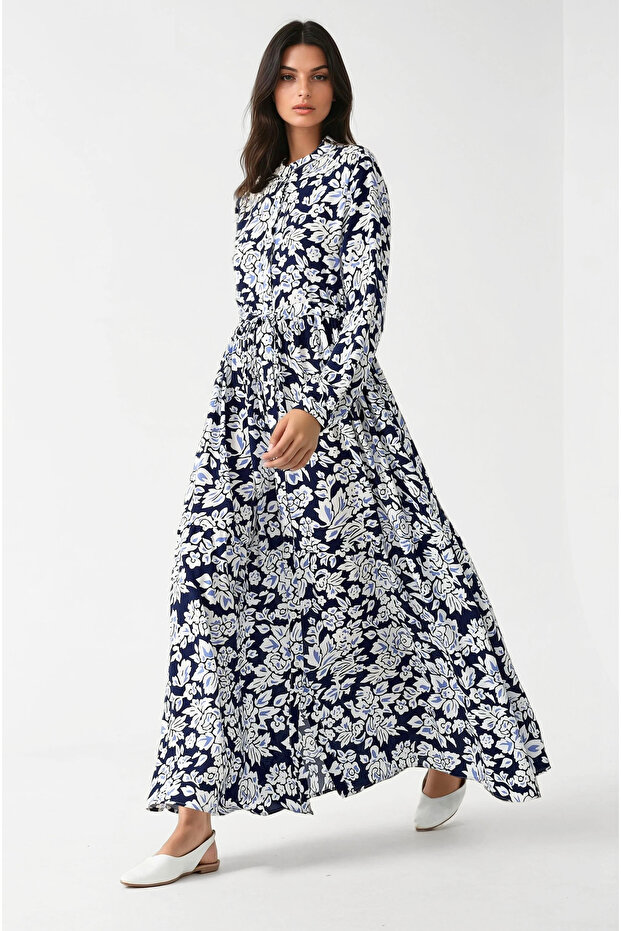 Gömlek Yaka Desenli Viskon Modest Elbise - 6