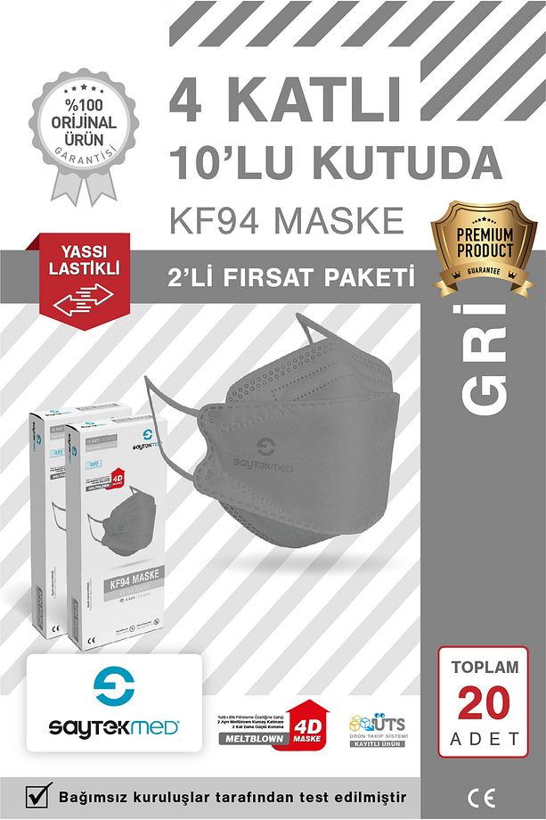 KF94 Kore Tipi, 4 katlı, GRİ Maske, Tekli Paket, UV Steril (2 Kutu/ 20 Adet) - 1