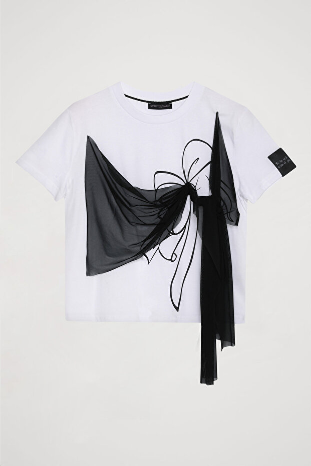 Tulle Tie-Detail Printed T-Shirt White