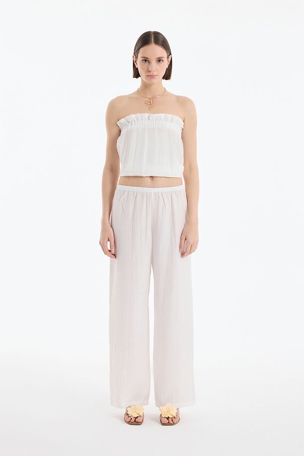 Gofre Kumaş Geniş Paça Pantolon Ekru - 4