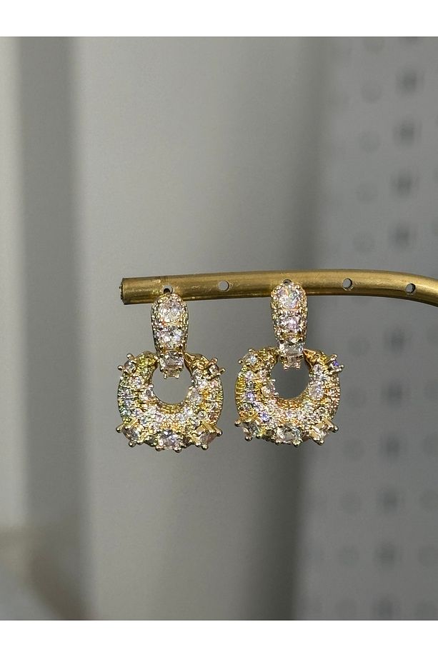 18K zirkon taşlı gold şık çelik küpe paslanmaz kararmaz - 2