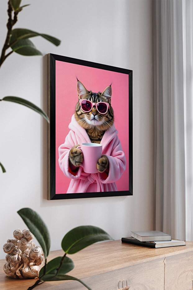 One Piece Black Frame Look Cat Printed Mdf 48X33 cm Table - Model 17