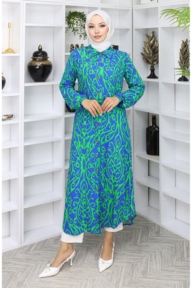 Viscose fabric full-length buttoned patterned tunic 0072-01 cobalt blue green