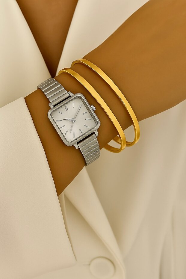 2 Adet Ajda Bilezik + Elegant Serisi Kol Saati - 2