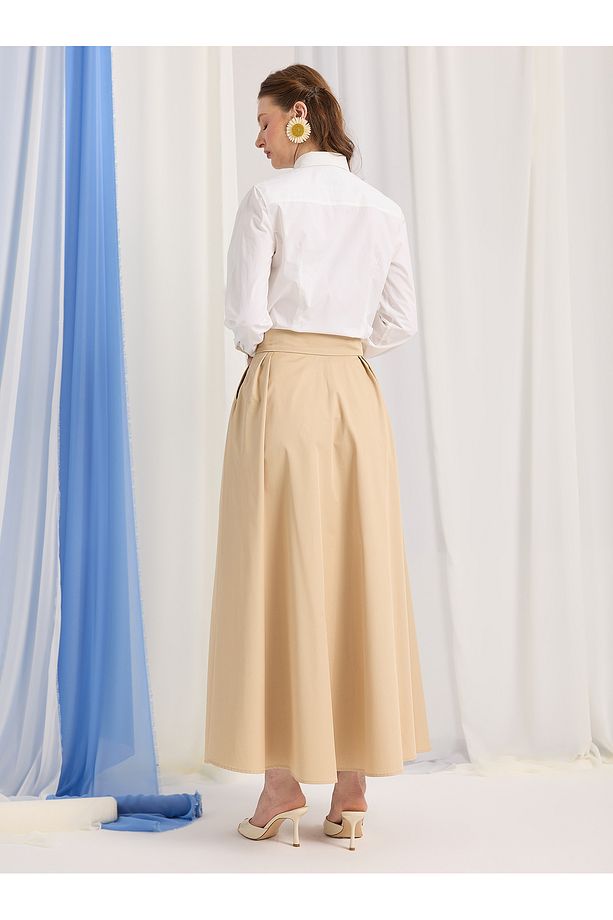 Bej 100% Poplin Pamuk Piliseli Etek - 6
