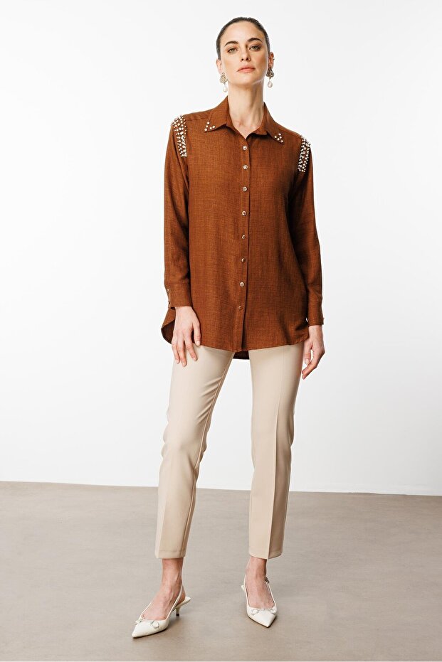 Modailgi Omuzları İşlemeli Rahat Kesim Gömlek Kahve - 3