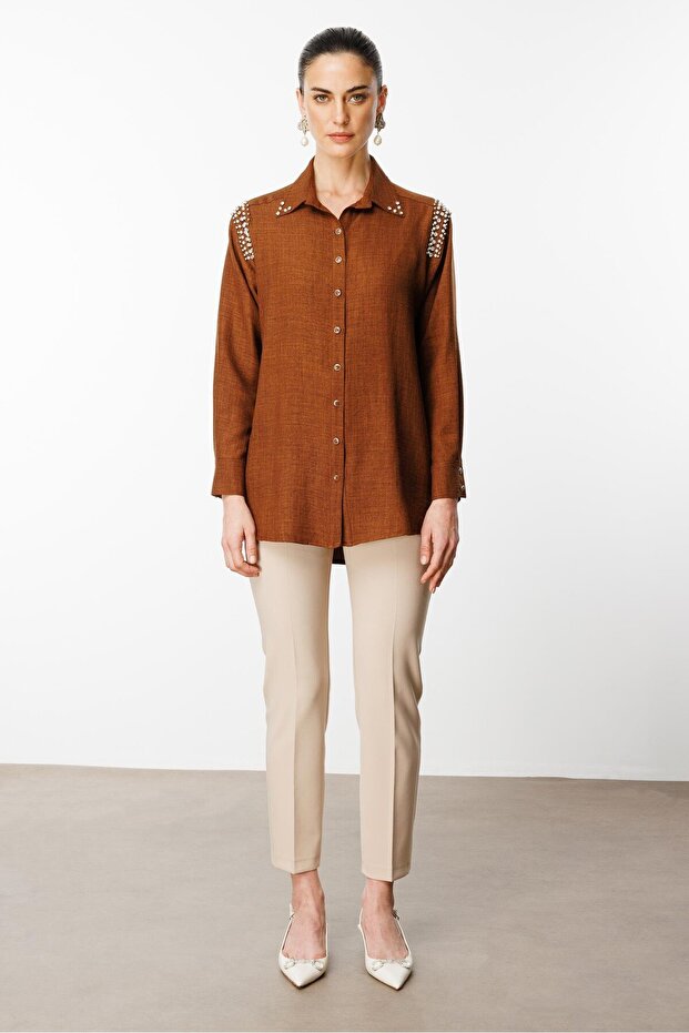 Modailgi Omuzları İşlemeli Rahat Kesim Gömlek Kahve - 1