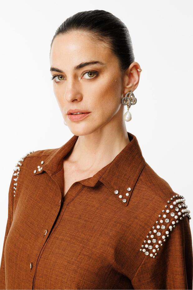 Modailgi Omuzları İşlemeli Rahat Kesim Gömlek Kahve - 5