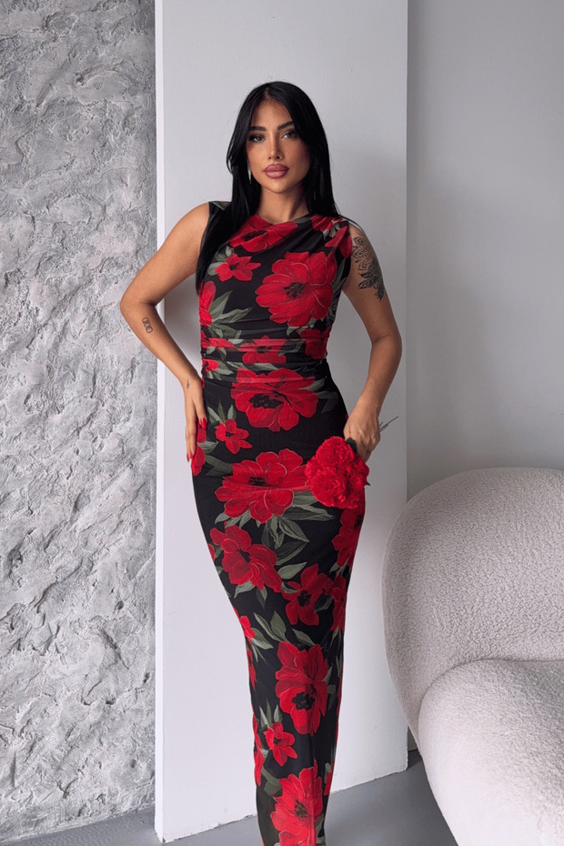 Digital Printing Tulle Dress - Black Red