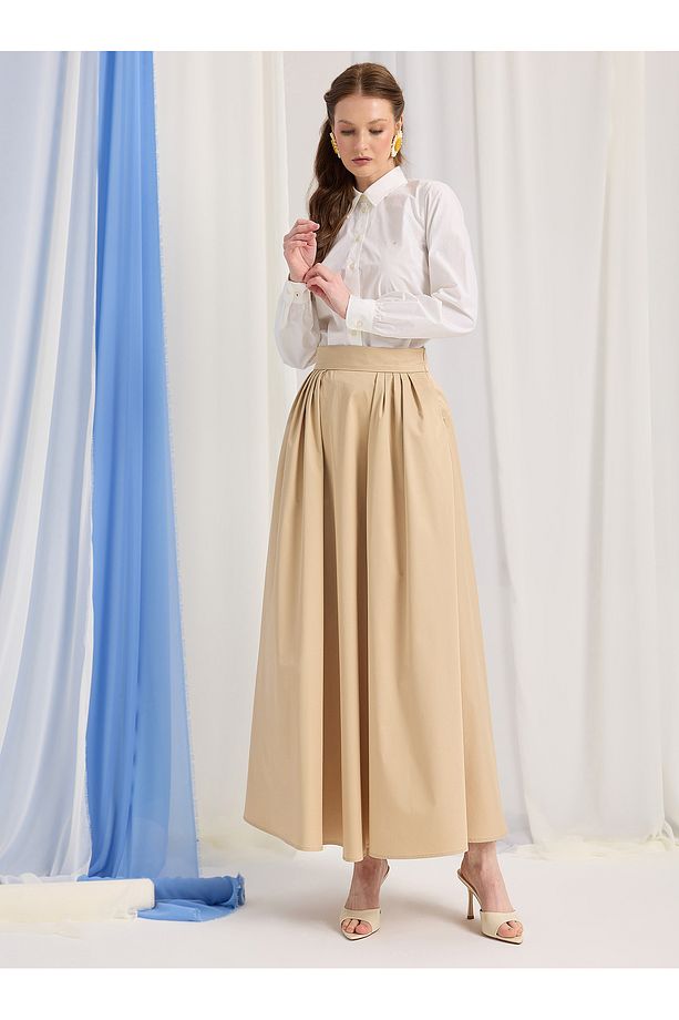 Bej 100% Poplin Pamuk Piliseli Etek - 2