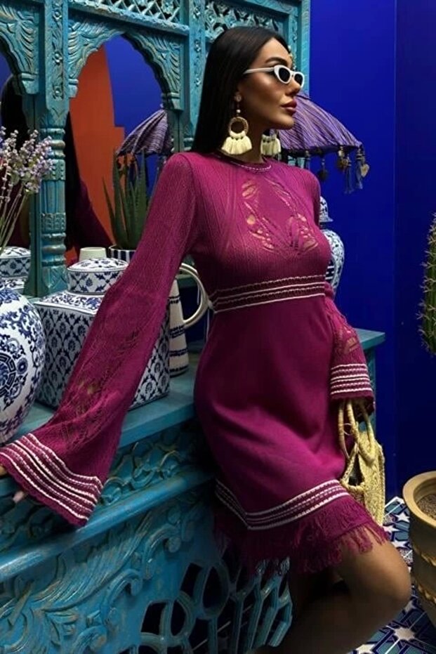 Plum/Ecru Low Back Tie-Up Spanish Sleeve Knit Dress 2860