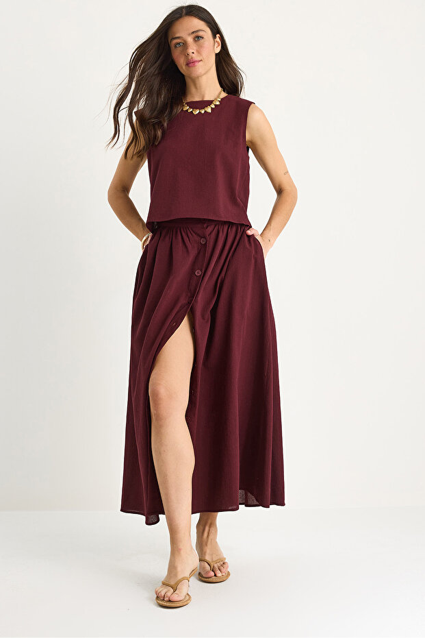 Women's Burgundy Strappy Short Blouse Button Detailed Flared Long Skirt Linen Top and Bottom Set 9322 60281055