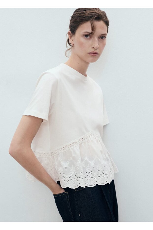İşlemeli volanlı tişört - 1