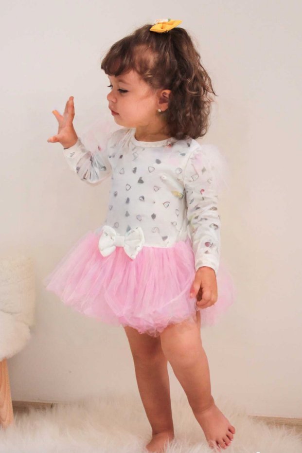 Baby Girl's Ruffle Dress - Tulle, with Bow, Silvery, Breathable Summer Fabric - with a Bandana as a Gift
