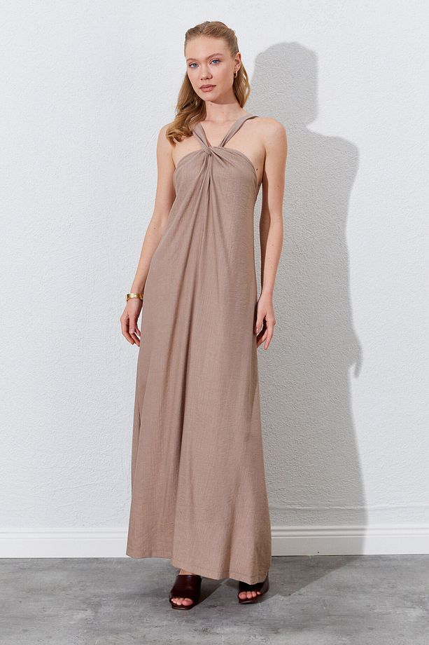 Büzgü Detaylı Halter Maxi Form Elbise - Vizon | Mks284907-01 - 3