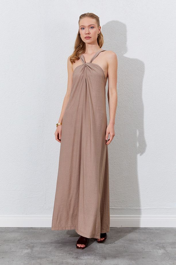 Büzgü Detaylı Halter Maxi Form Elbise - Vizon | Mks284907-01 - 1
