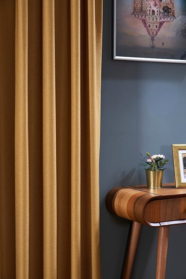 Mustard Soft Quality Draped Matte Natural Looking Ironing Not Wanted Background Curtain No Pleats Shirring Azura