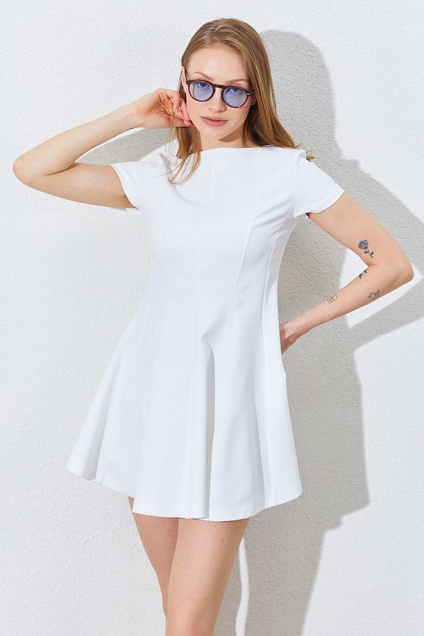 Kısa Kollu Fit & Flare Mini Elbise - Ekru | Mks281814-01 - 2